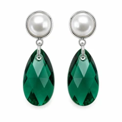 Okazałe kolczyki wiszące z perłami 10 mmi szmaragdowymi kryształami Swarovski®