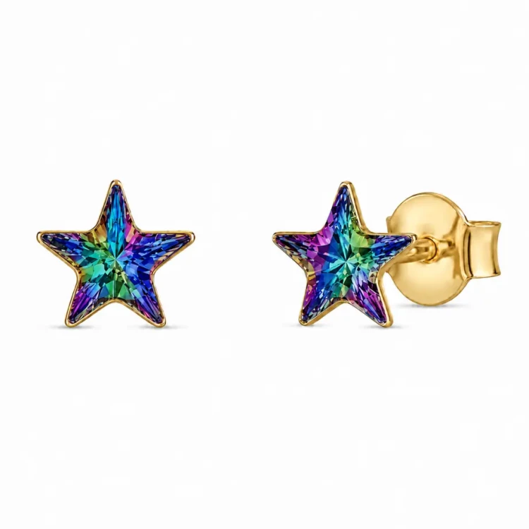 Pozłacane kolczyki gwiazdki ze srebra 925 z kryształami Swarovski® Vitrail Medium 10 mm.