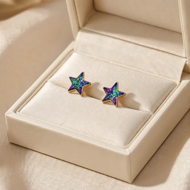 Złocone kolczyki gwiazdki 10 mm ze srebra 925, ozdobione kryształami Swarovski® w kolorze Vitrail Medium.