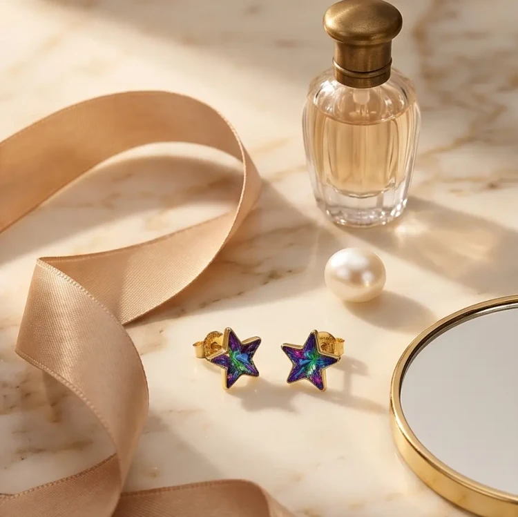 Minimalistyczne kolczyki gwiazdki z kryształami Swarovski® Vitrail Medium, wyrazista biżuteria dla kobiet.
