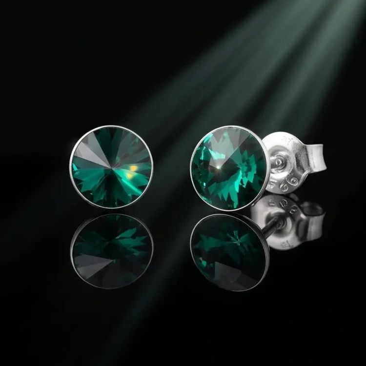 Rodowane kolczyki srebrne 925 z zielonymi kryształami Emerald 6 mm