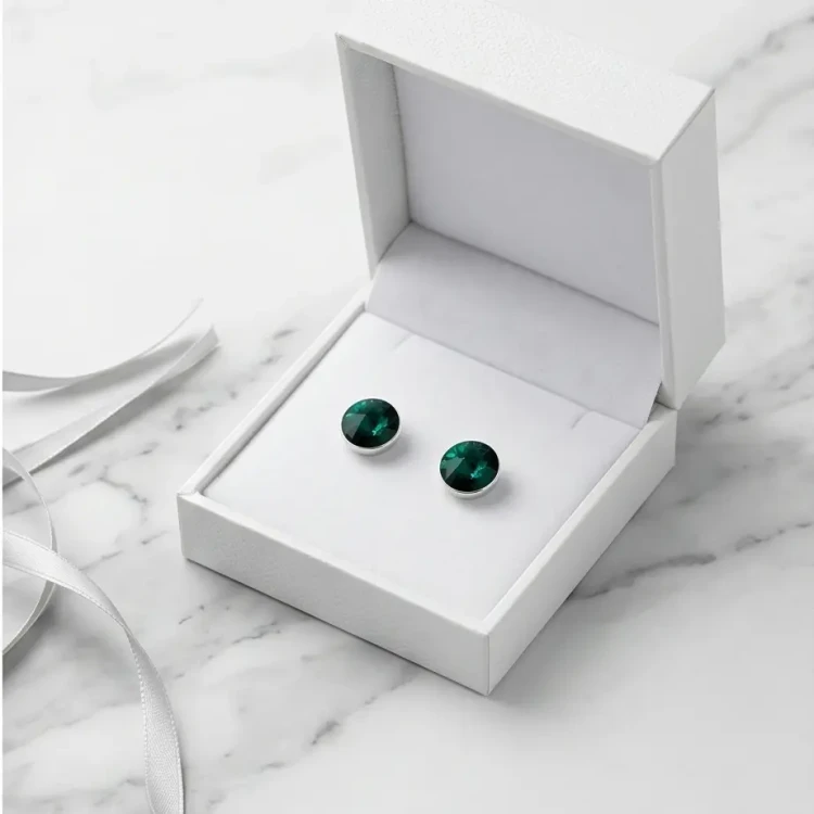 Delikatne kolczyki sztyfty z kryształami Emerald w srebrnej oprawie.