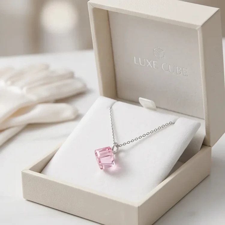Delikatny naszyjnik ze srebra z różowym kryształem Swarovski® w kształcie kostki