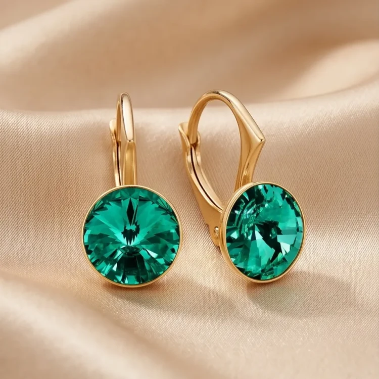 Kolczyki z pozłacanego srebra z okrągłymi kryształami Swarovski® Majestic Green