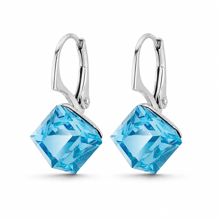 Kolczyki srebrne z kostkami Swarovski® 8 mm Aquamarine