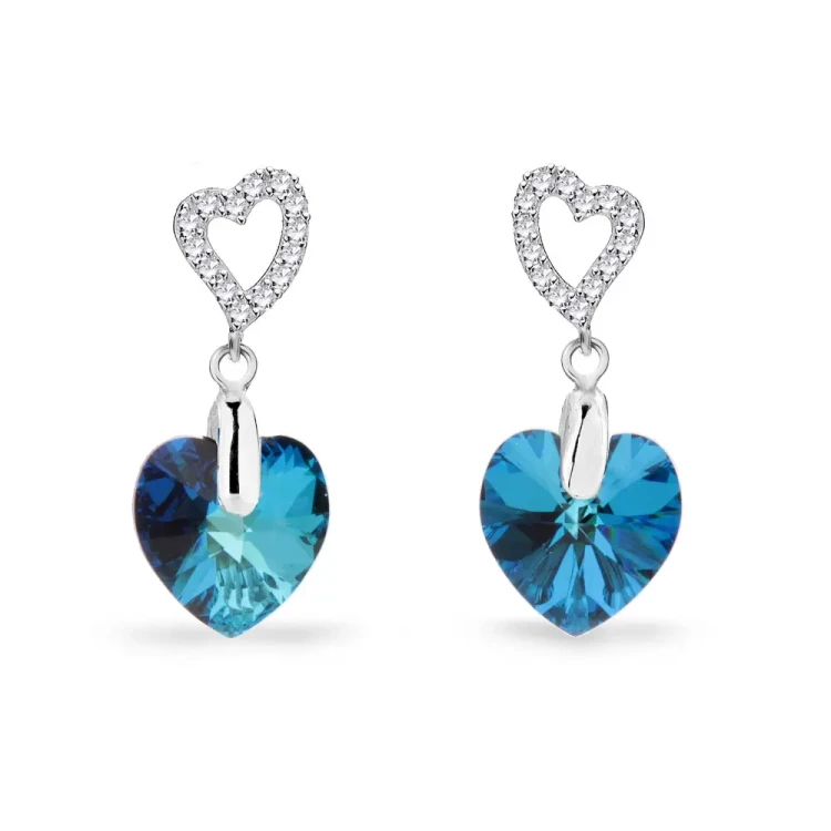 Damskie kolczyki srebrne z niebieskimi kryształami Swarovski® serca 10 mm