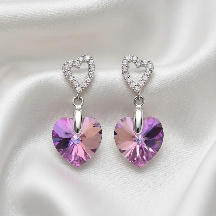 Damskie kolczyki srebrne z wielobarwnymi kryształami Swarovski® serce