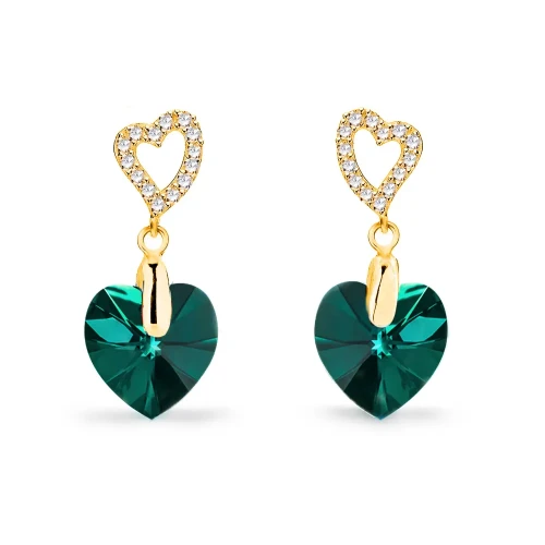 Kolczyki srebrne pozłacane z kryształami Swarovski® serca 10 mm Emerald