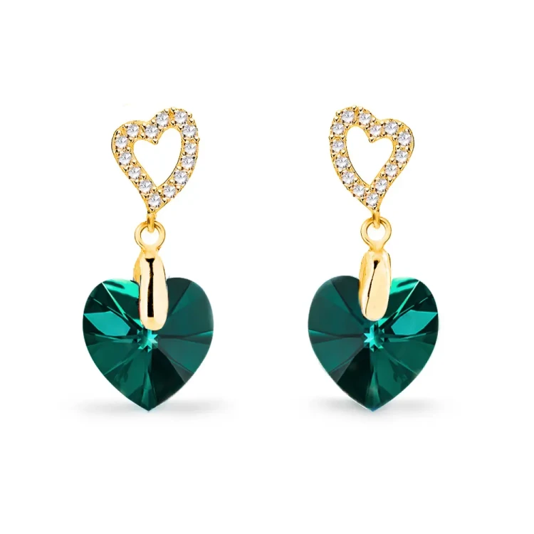 Kolczyki srebrne pozłacane z kryształami Swarovski® serca 10 mm Emerald