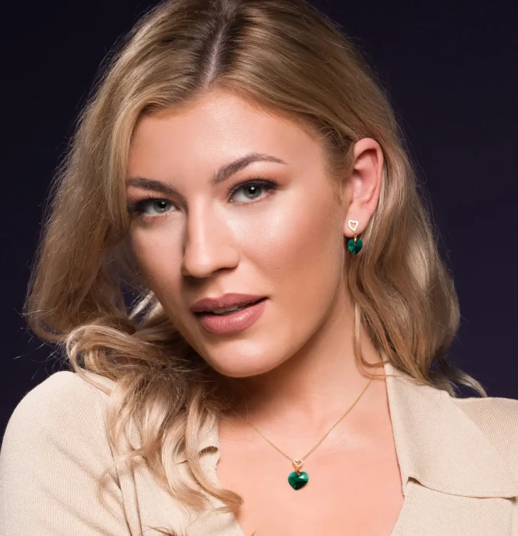 Damskie kolczyki srebrne pozłacane z kryształami Swarovski® serce szmaragdowe