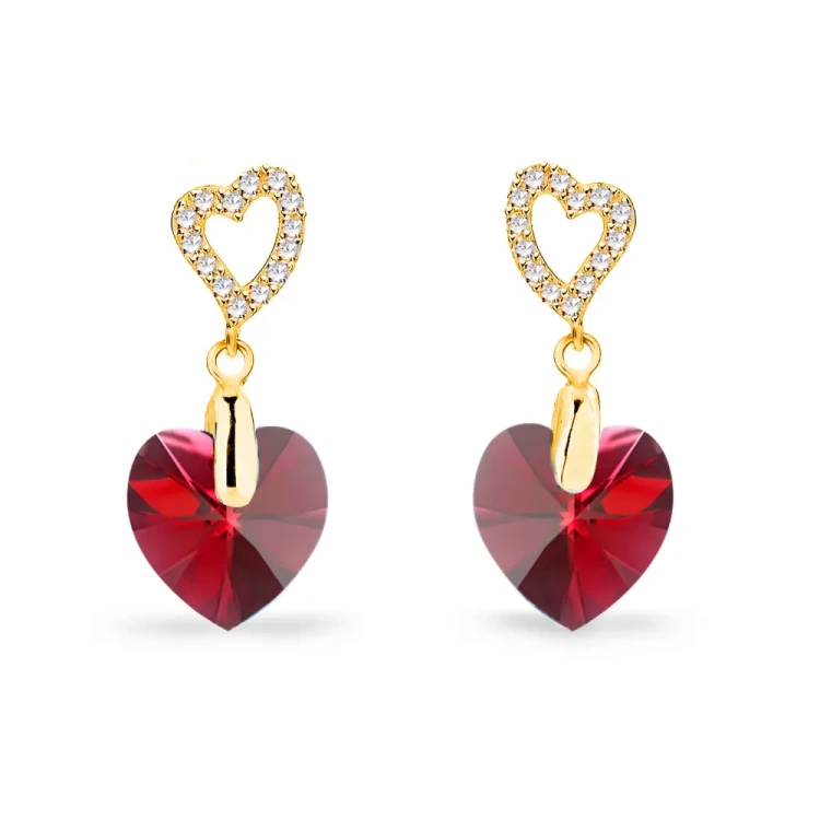 Kolczyki srebrne pozłacane z kryształami Swarovski® serca 10 mm Scarlet