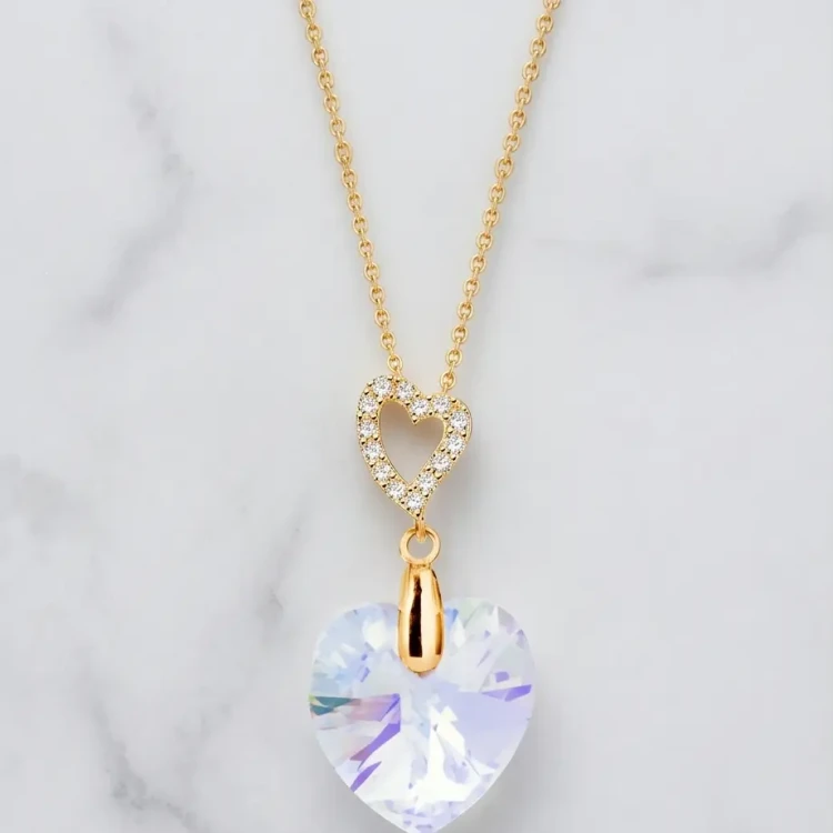 Pozłacany naszyjnik z kryształem Swarovski® w kształcie serca 14 mm Aurore Boreale