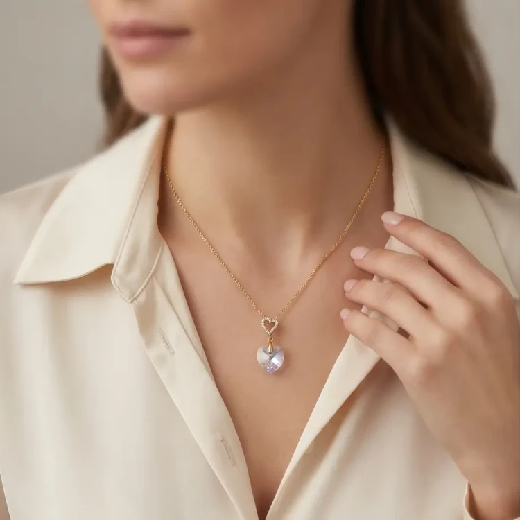Damski naszyjnik srebrny pozłacany z opalizującym kryształem Swarovski® serce
