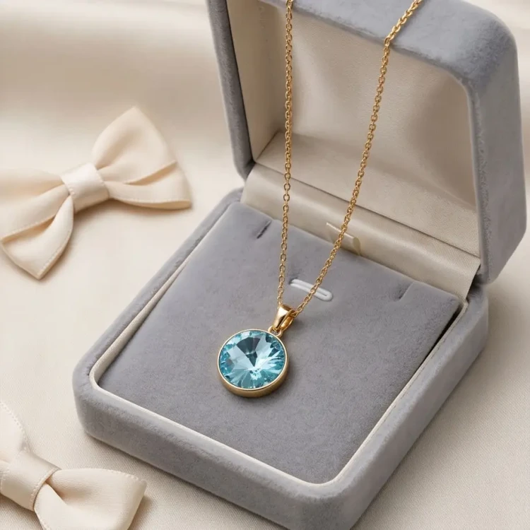 Naszyjnik z pozłacanego srebra z okrągłym kryształem Swarovski® Light Turquoise